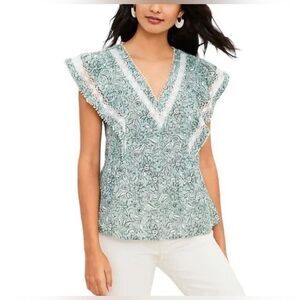 Loft womens Spring Bloom Lacy Ruffle Peplum Top  Flutter Cap Sleeve V-Neck S
